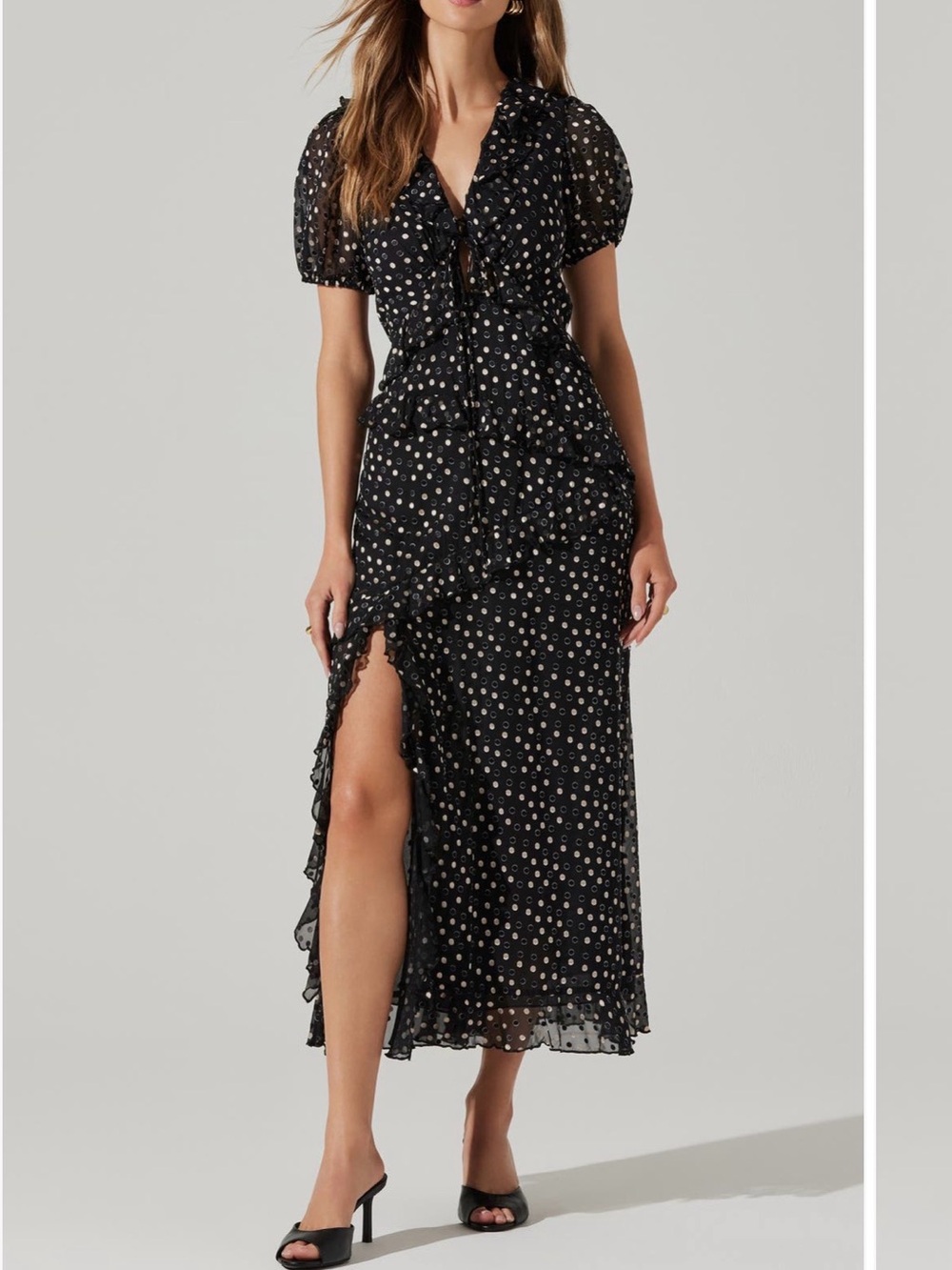 Astr Black Polka Dot Ruffle Maxi Skirt with Side Slit